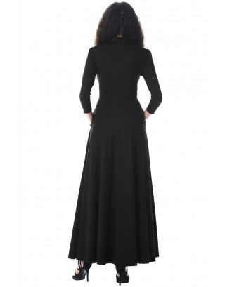 Black Pocketed 3/4 Sleeves Tie Neck Maxi Dress