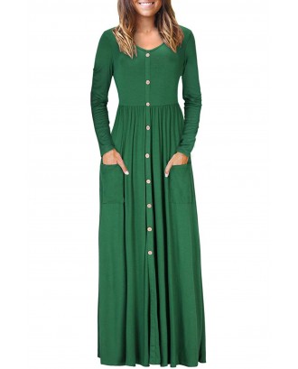Hunter Green Button Front Pocket Style Casual Long Dress