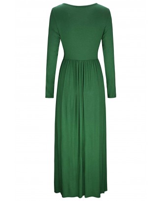 Hunter Green Button Front Pocket Style Casual Long Dress