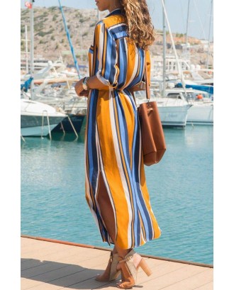 Multicolor Striped Roll up Sleeve Button Down Maxi Shirt Dress
