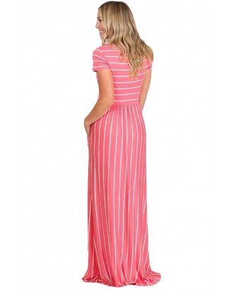 White Striped Rosy Short Sleeve Maxi Dress