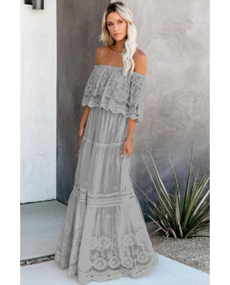 Gray Flower Child Off The Shoulder Lace Maxi Dress