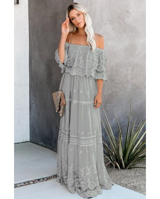 Gray Flower Child Off The Shoulder Lace Maxi Dress