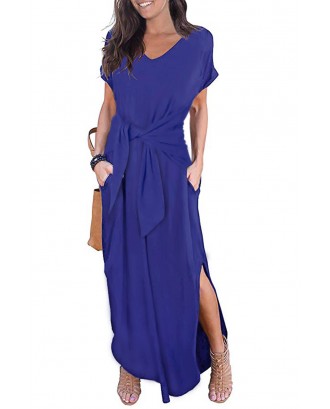 Blue Casual Loose Pocket Short Sleeve Split Maxi Dress