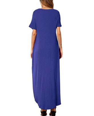 Blue Casual Loose Pocket Short Sleeve Split Maxi Dress