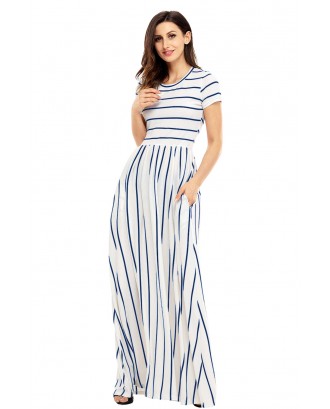Blue Striped White Short Sleeve Maxi Dress