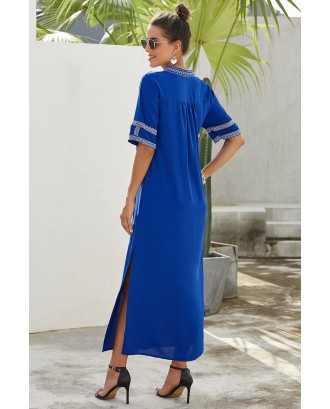 Blue Bohemian Floral Print Split Maxi Dress