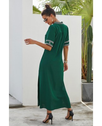 Green Bohemian Floral Print Split Maxi Dress