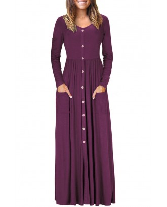 Burgundy Button Front Pocket Style Casual Long Dress