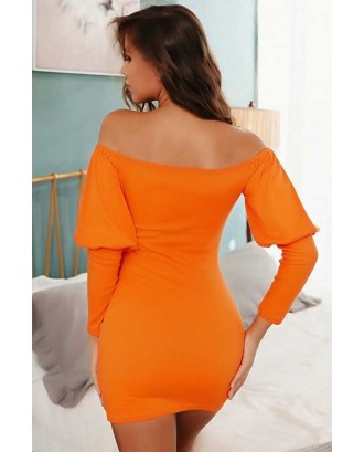 Orange Off Shoulder Zipper Up Long Sleeve Sexy Bodycon Mini Dress