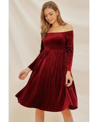 Dark-red Velour Off Shoulder Long Sleeve Elegant Dress