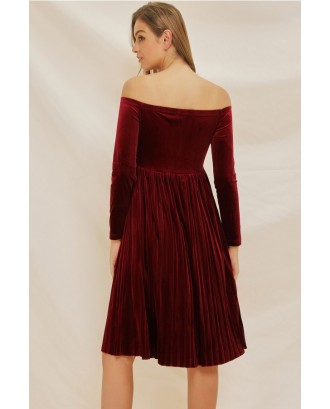 Dark-red Velour Off Shoulder Long Sleeve Elegant Dress