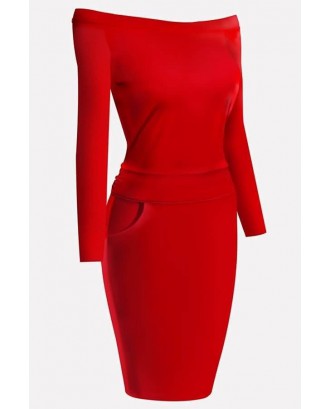 Red Off Shoulder Long Sleeve Sexy Bodycon Dress