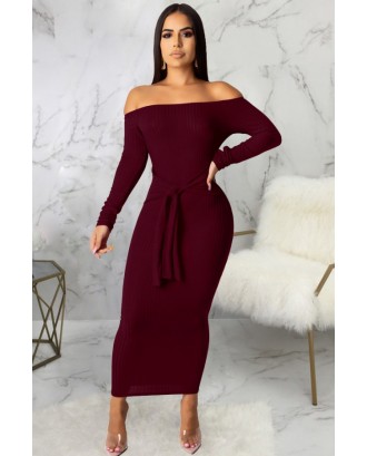 Ribbed Tied Off Shoulder Long Sleeve Sexy Bodycon Dress