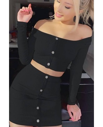 Black Ribbed Button Long Sleeve Sexy Two Piece Dress