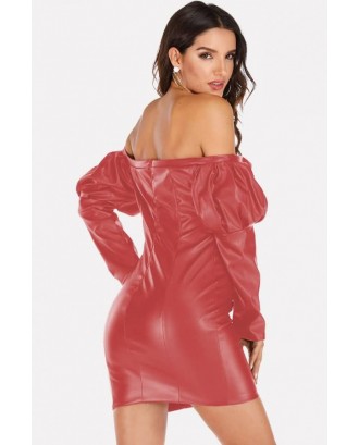 Red Faux Leather Off Shoulder Sexy Bodycon Dress
