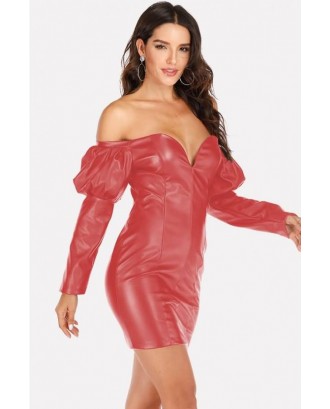 Red Faux Leather Off Shoulder Sexy Bodycon Dress