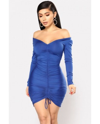 Blue Drawstring Ruched Off Shoulder Sexy Bodycon Dress