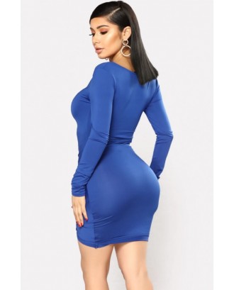 Blue Drawstring Ruched Off Shoulder Sexy Bodycon Dress