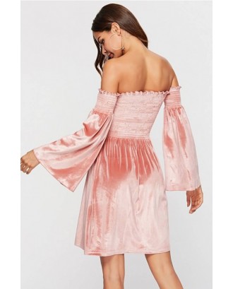 Pink Shirred Off Shoulder Long Sleeve Casual Dress