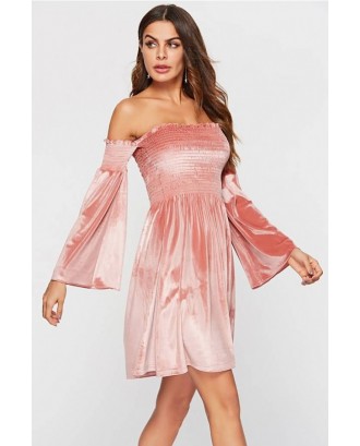 Pink Shirred Off Shoulder Long Sleeve Casual Dress