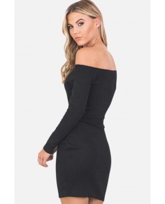 Black Off Shoulder Ribbed Long Sleeve Sexy Bodycon Knitted Dress