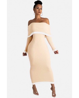 Apricot Off Shoulder Long Sleeve Sexy Bodycon Maxi Dress