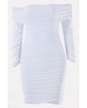 White Off Shoulder Ruched Long Sleeve Sexy Bodycon Mini Dress