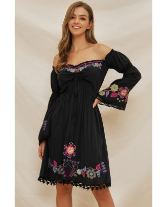 Black Embroidery Floral Off Shoulder Flare Sleeve Casual Dress