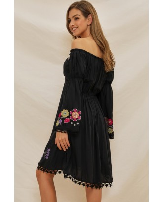 Black Embroidery Floral Off Shoulder Flare Sleeve Casual Dress