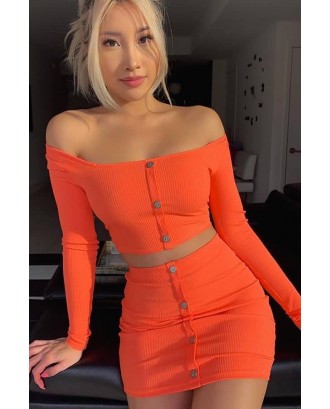 Orange Ribbed Button Long Sleeve Sexy Two Piece Dress