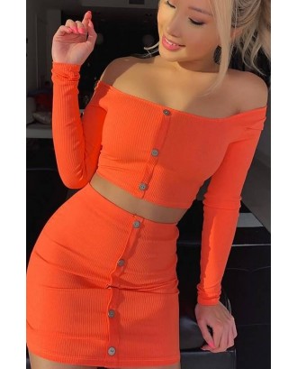 Orange Ribbed Button Long Sleeve Sexy Two Piece Dress