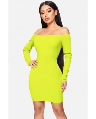 Green Off Shoulder Ribbed Long Sleeve Sexy Bodycon Knitted Dress