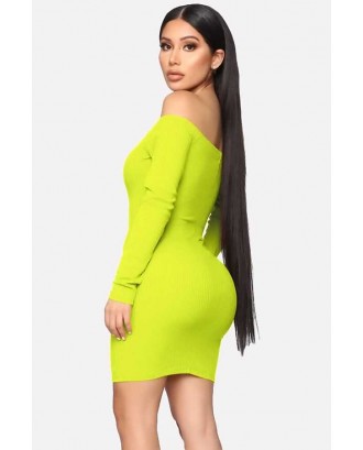 Green Off Shoulder Ribbed Long Sleeve Sexy Bodycon Knitted Dress