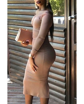 Off Shoulder Ruched Long Sleeve Sexy Bodycon Midi Dress