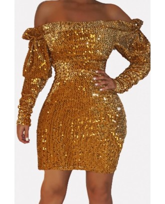 Gold Sequin Off Shoulder Long Sleeve Sexy Bodycon Dress