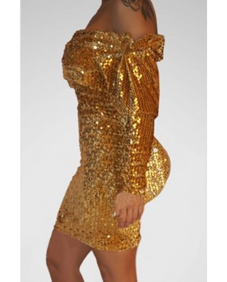 Gold Sequin Off Shoulder Long Sleeve Sexy Bodycon Dress