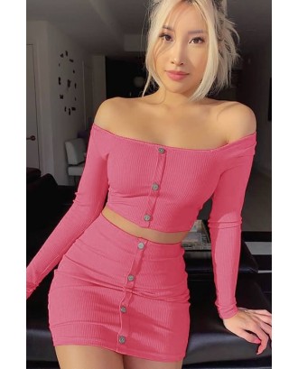 Pink Ribbed Button Long Sleeve Sexy Two Piece Dress