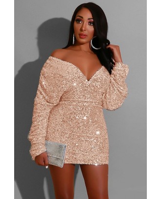 Gold Sequins V Neck Off Shoulder Long Sleeve Sexy Bodycon Dress