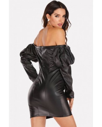 Black Faux Leather Off Shoulder Sexy Bodycon Dress
