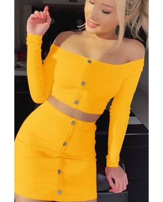 Yellow Ribbed Button Long Sleeve Sexy Two Piece Dress