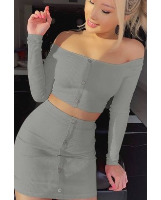 Gray Ribbed Button Long Sleeve Sexy Two Piece Dress