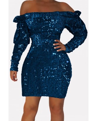 Dark-blue Sequin Off Shoulder Long Sleeve Sexy Bodycon Dress
