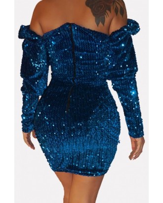 Dark-blue Sequin Off Shoulder Long Sleeve Sexy Bodycon Dress