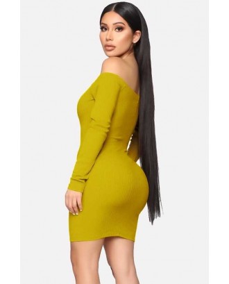 Yellow Off Shoulder Ribbed Long Sleeve Sexy Bodycon Knitted Dress