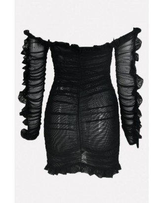 Black Ruffles Trim Lace Up Off Shoulder Sexy Bodycon Mini Dress