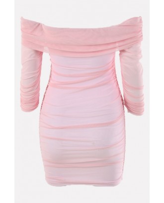 Pink Off Shoulder Ruched Long Sleeve Sexy Bodycon Mini Dress