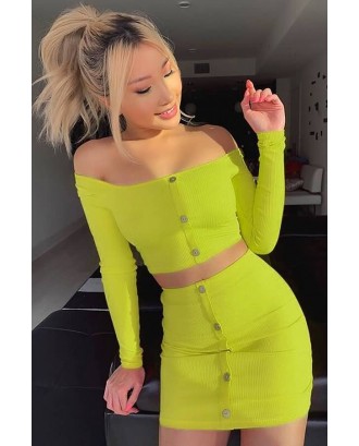 Light-green Ribbed Button Long Sleeve Sexy Two Piece Dress