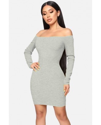 Light-gray Off Shoulder Ribbed Long Sleeve Sexy Bodycon Knitted Dress