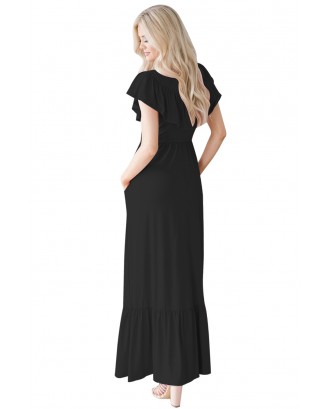 Black Ruffle Detail Soft Jersey Maxi Dress